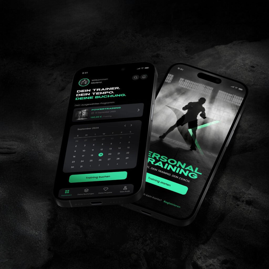 Zwei Smartphones zeigen Personal-Training-App: Kalenderansicht zur Buchung von Trainings und Startbildschirm mit Athletensilhouette.