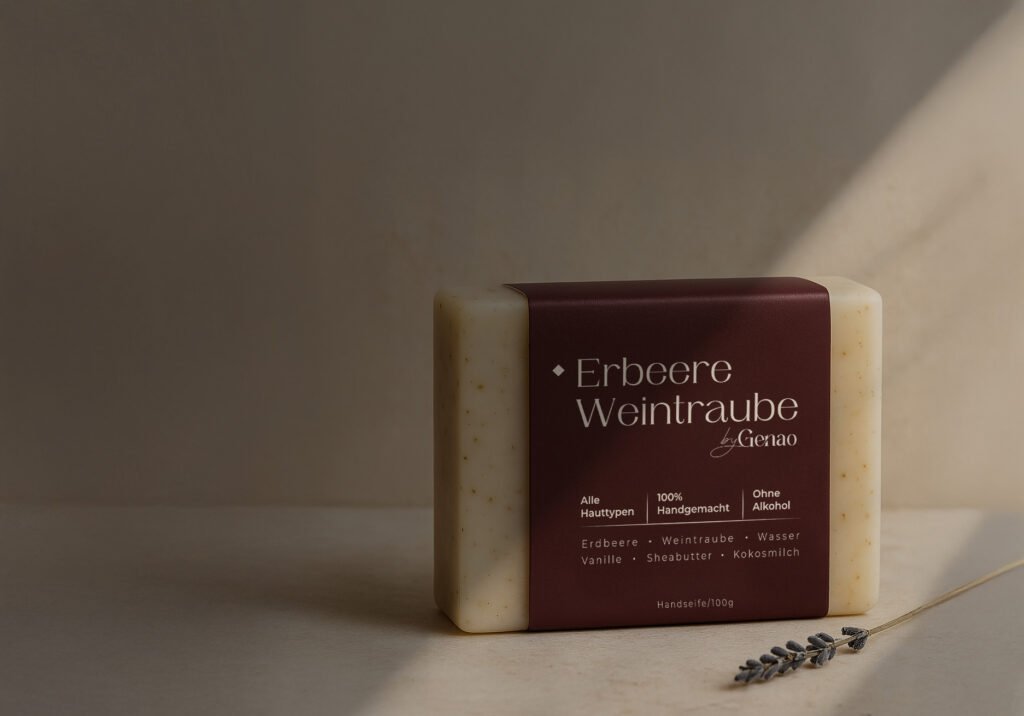 Naturseife mit Etikett „Erdbeere Weintraube“ steht auf hellem Untergrund, daneben ein Lavendelzweig – stimmungsvolle Produktaufnahme