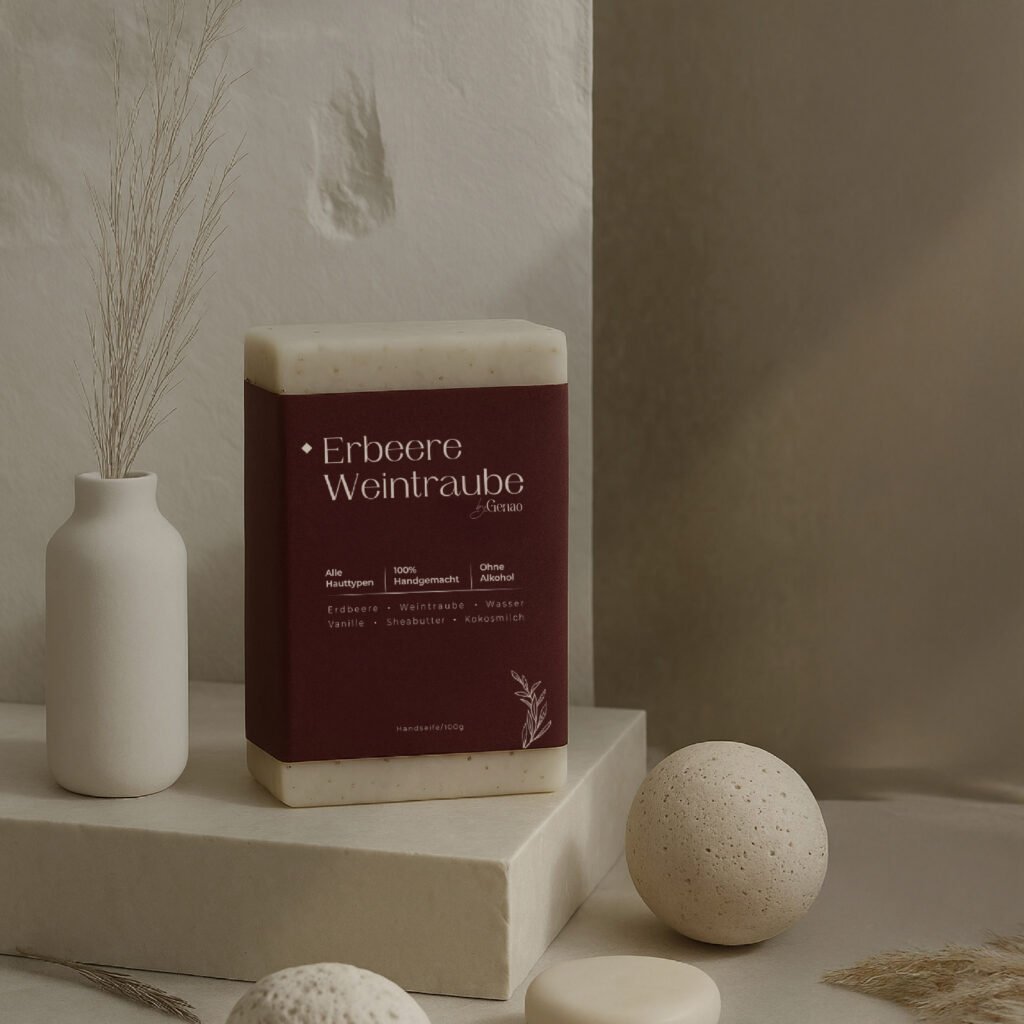 GENAO Naturseife mit bordeauxfarbener Banderole auf Podest, daneben Kugeln und Keramikvase – minimalistisches Stillleben mit Fokus auf natürliche Hautpflege