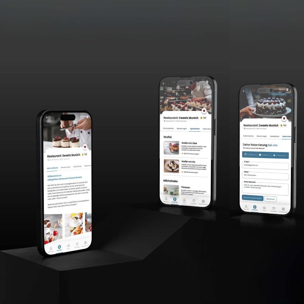 Drei Smartphones zeigen die Benutzeroberfläche der Trawalk-App mit Restaurantvorschlägen und Reservierungsfunktionen.