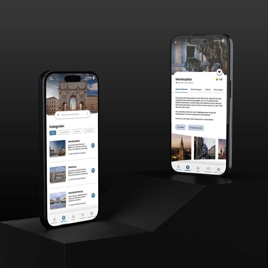 Zwei Smartphones zeigen die Trawalk-App mit Infos zu Sehenswürdigkeiten, Kategorien und detaillierten Beschreibungen.