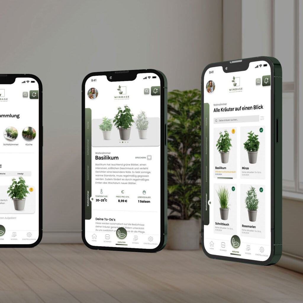 Drei Smartphones mit Windase-App, zeigen Startscreen, Detailansicht & Funktionen – Indoor-Gardening Interface im modernen Design