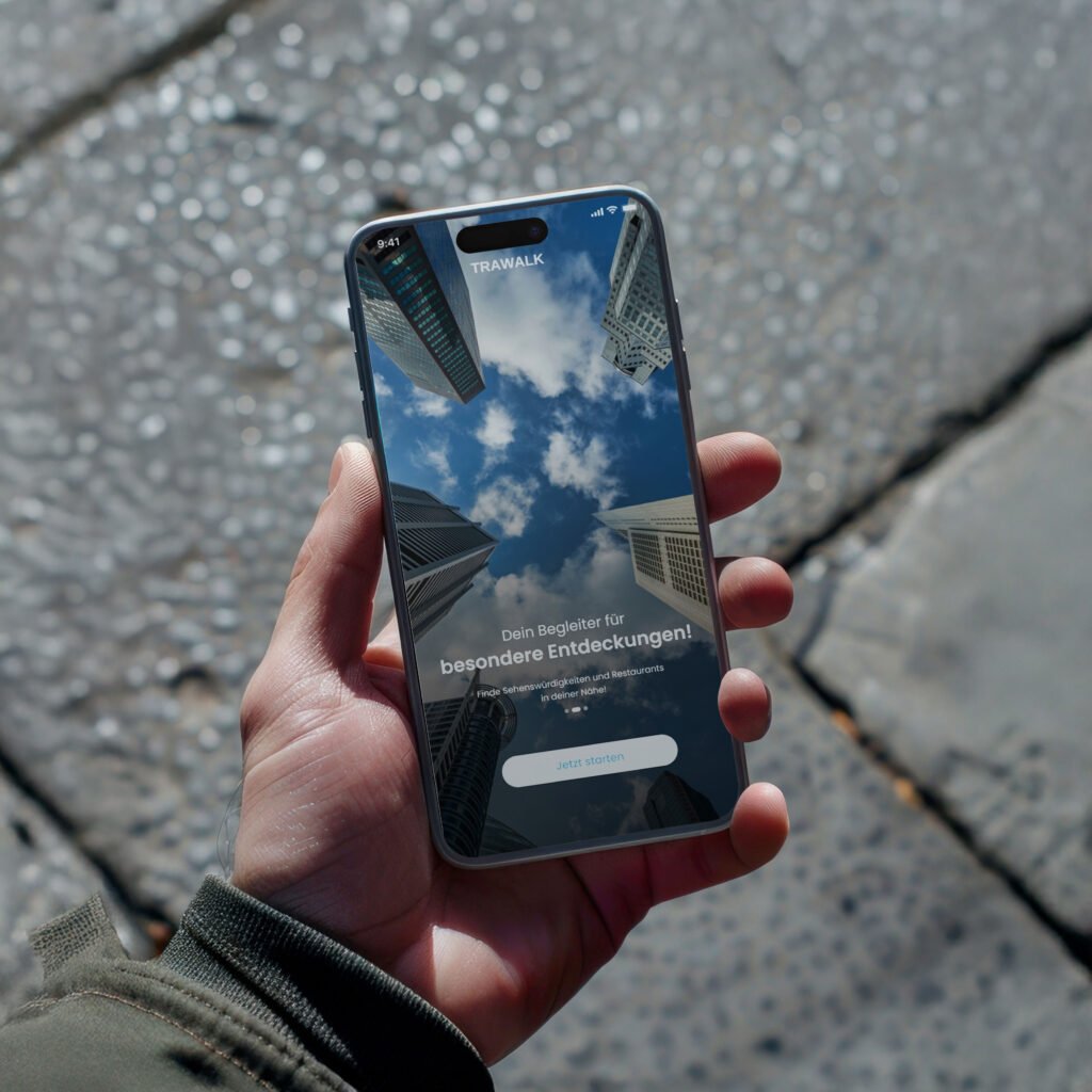 Hand hält Smartphone mit einer reflektierenden Glasoberfläche, auf der sich der Himmel und Hochhäuser spiegeln. Auf dem Bildschirm steht: „Dein Begleiter für besondere Entdeckungen!“