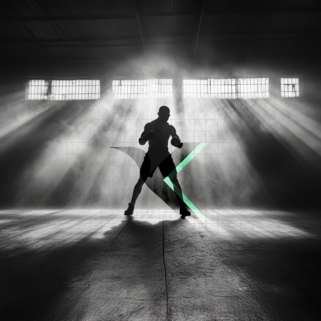 Boxer in Kampfhaltung in Lichtstrahlen einer Halle, mit großem „K“-Logo im Vordergrund – Symbol für Stärke, Fokus und Training.
