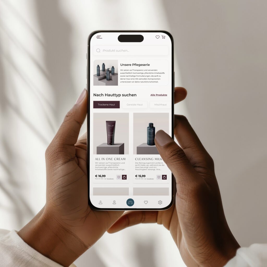 VALAV Onlineshop auf Smartphone in Händen, zeigt Produktsuche und Hautpflege-Produkte mit Preisen und Bildern