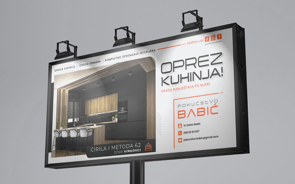 Großformatiges Werbeplakat mit Küchenvisualisierung und Kontaktinformationen für Küchenstudio BABIC