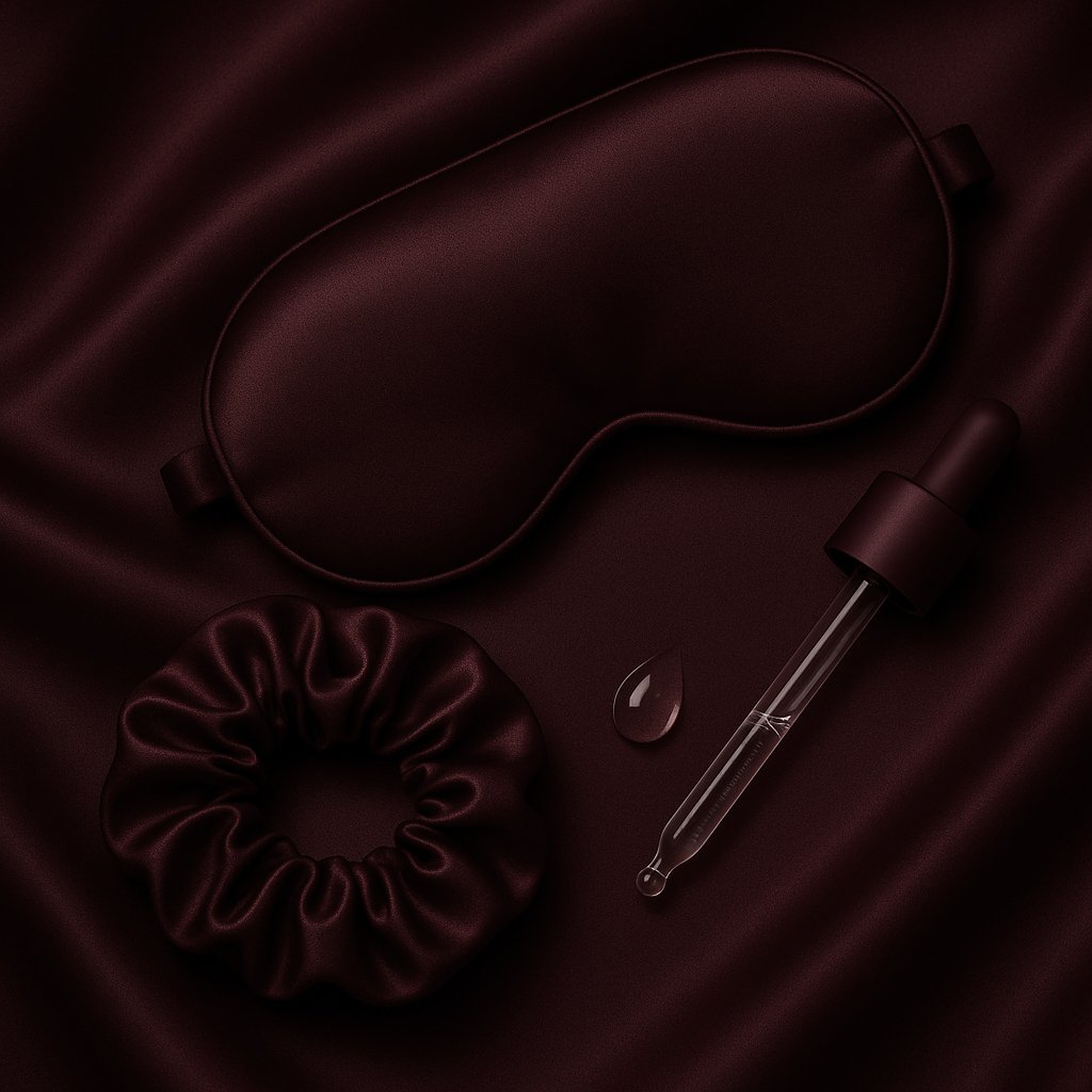 Schlafmaske, Pipette und Scrunchie aus Satin auf bordeauxfarbenem Stoff – Beauty-Stillleben mit LEAS-Stimmung