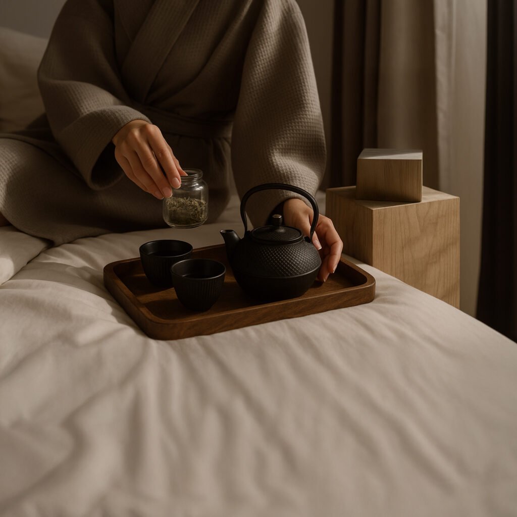 Person in Kimono sitzt auf Bett und bereitet Tee mit dunklem Gusseisenteeservice auf Holztablett zu – loses Teeglas in der Hand