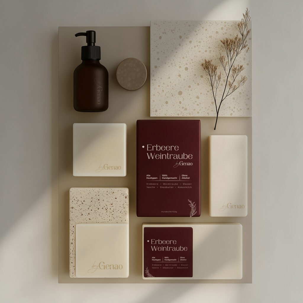 Flatlay mit GENAO Seifen, Spenderflasche, Naturstein und Trockenpflanze auf hellem Untergrund – harmonisch arrangiert im Packaging-Stil