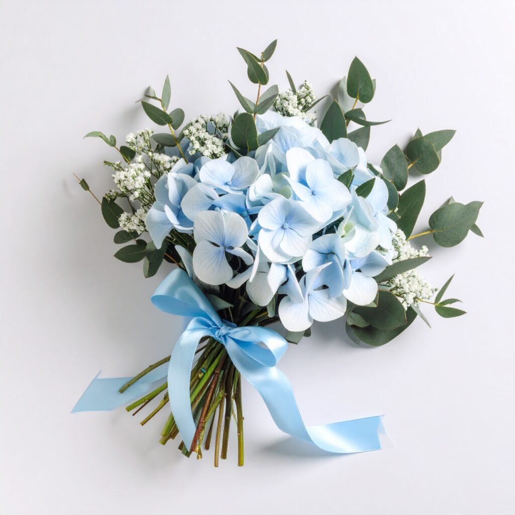 Blumenstrauß mit hellblauen Hortensien und Schleife auf weißem Hintergrund – florales Stillleben mit zarter Farbigkeit
