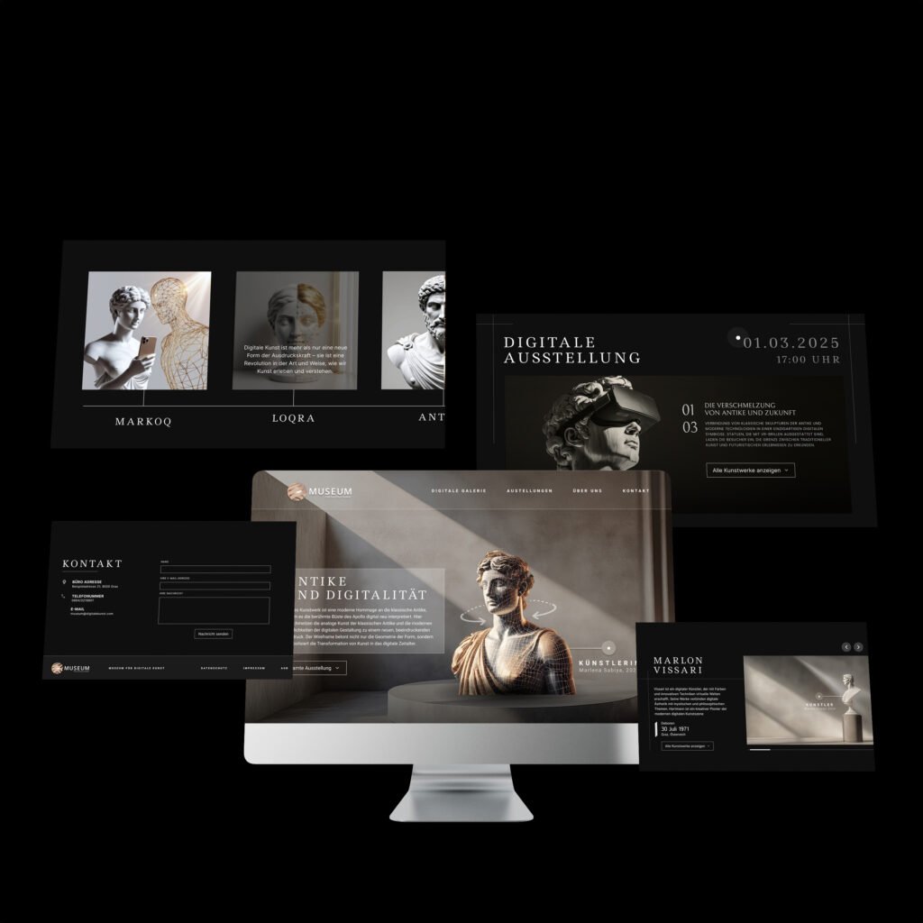 Webdesign-Vorschau des Museums für digitale Kunst mit mehreren gestapelten Seitenansichten – moderne digitale Gestaltung mit klassischer Skulptur.