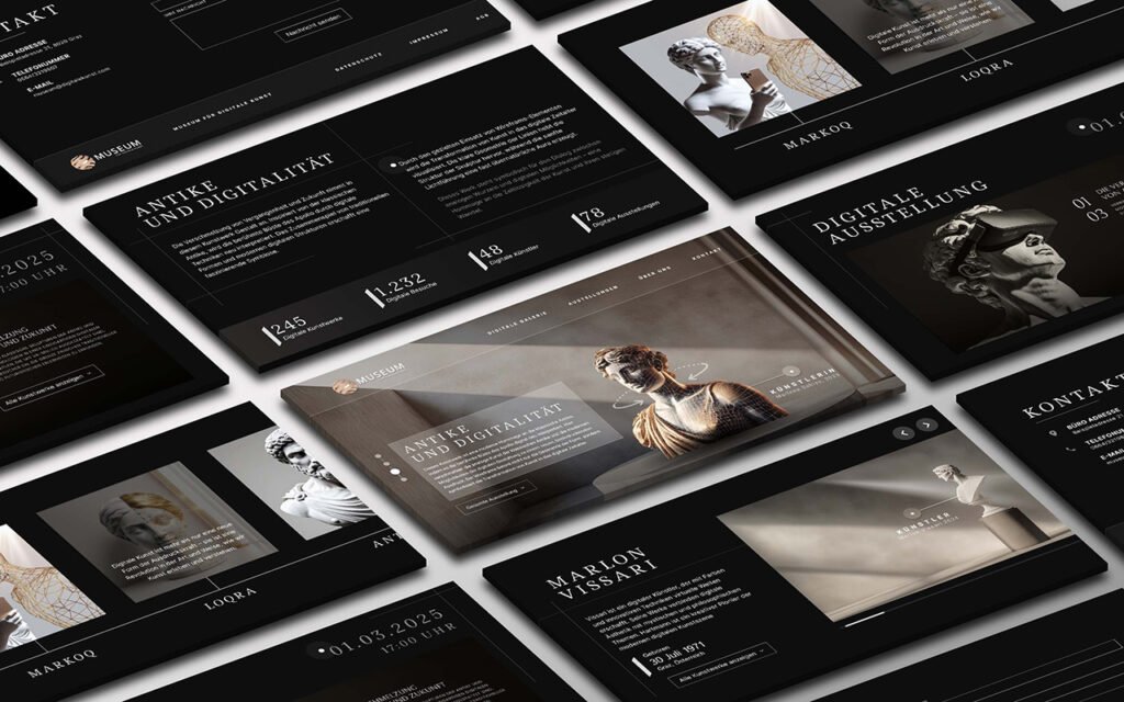Mockups mehrerer Website-Screens für eine digitale Kunstausstellung – schwarze UI mit Skulpturen, Events, Ausstellungsdaten & Kontaktbereichen