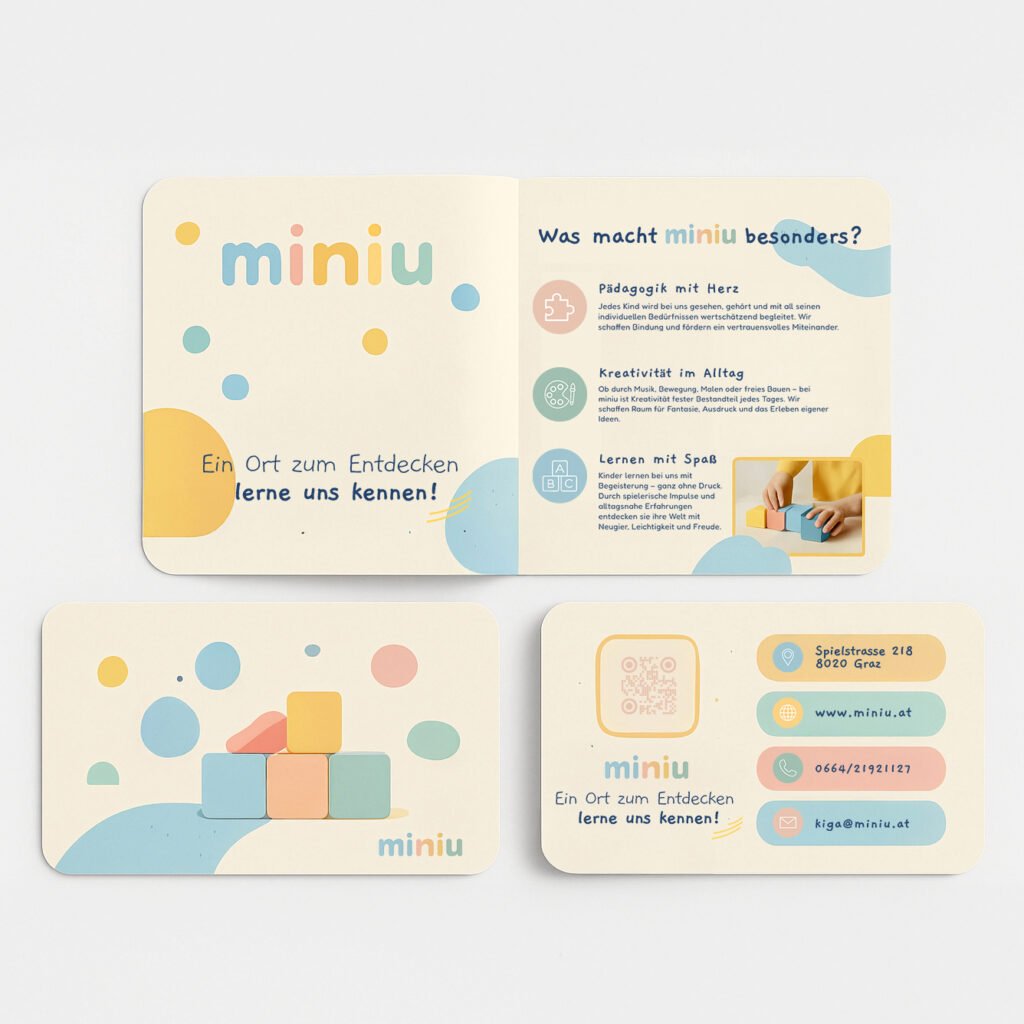 Miniu | Kiga | Kindergarten | Branding | Visitenkarte | Infoflyer: Ein Ort zum Entdecken mit Infos was den Kindergarten besonders macht.