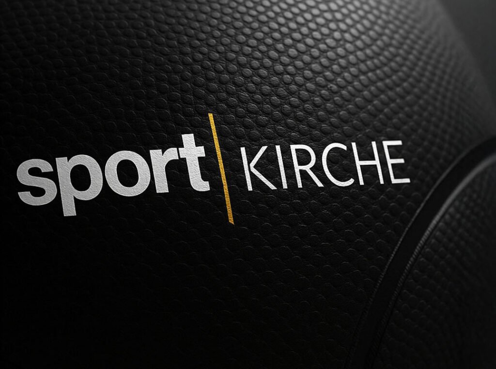 Prägnantes Logo „Sport | Kirche“ auf strukturiertem schwarzen Basketball – sportliche Markeninszenierung für kirchliches Bewegungsangebot