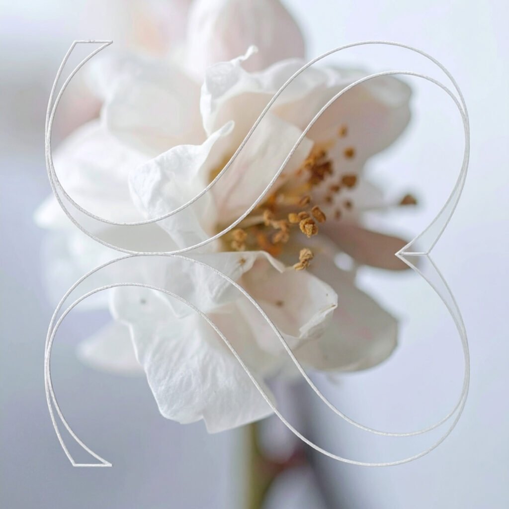 Nahaufnahme einer weißen Blüte mit filigranem Blossom-Logo