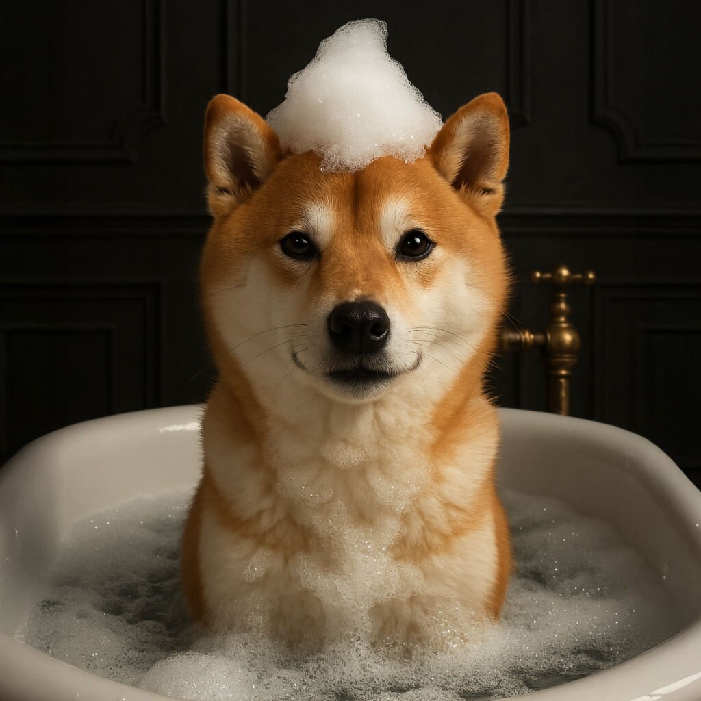 Shiba Inu mit Schaumkrone in Badewanne – humorvoll inszeniertes Bild für Hundepflege-Branding