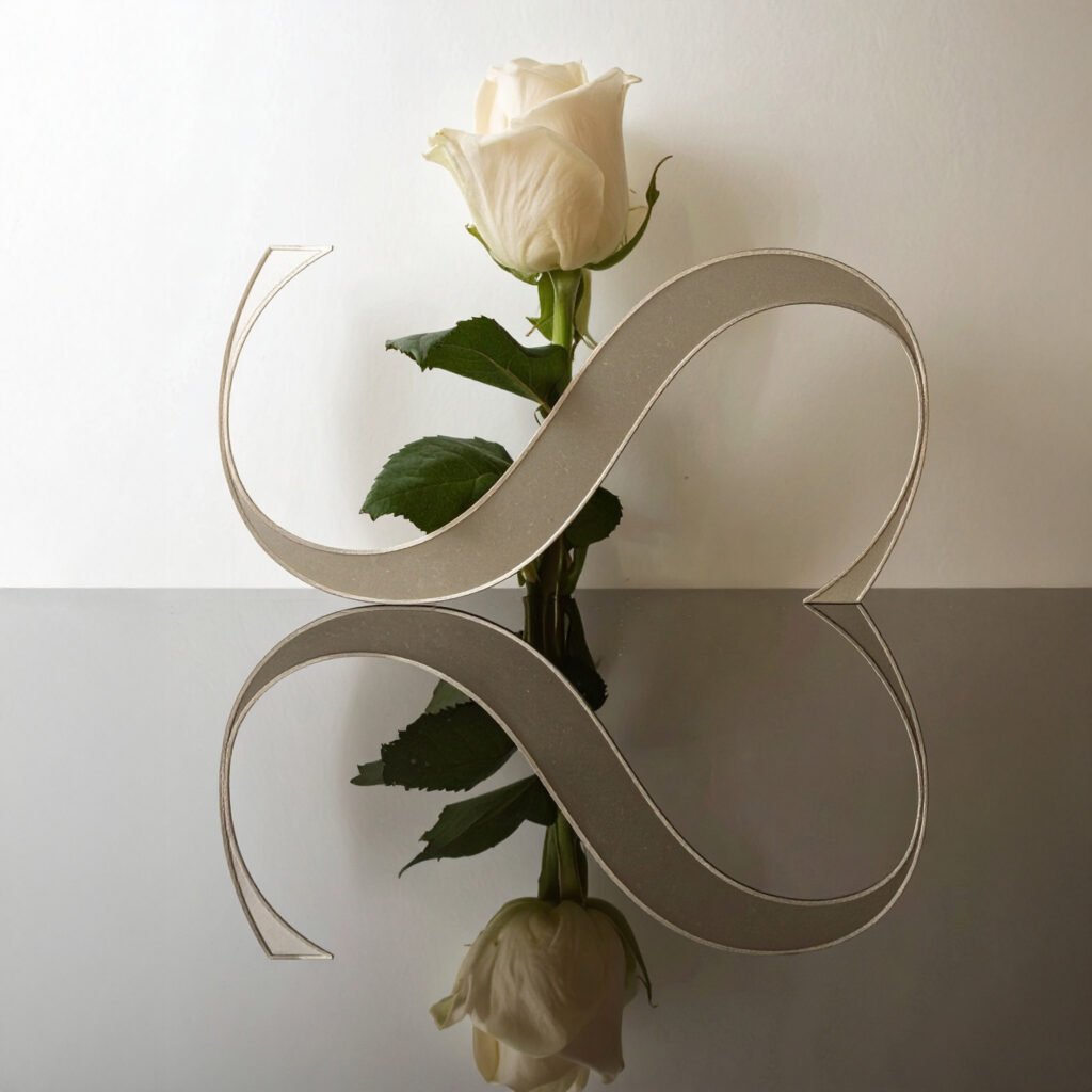 Weiße Rose mit silbernem Blossom-Logo auf Spiegeloberfläche