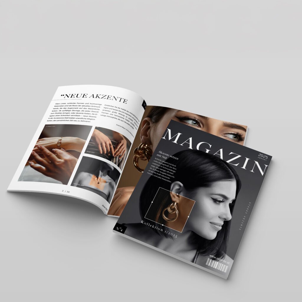 Editorial Design für Schmuck-Magazin – Cover und Doppelseite mit Fotografie und Typografie