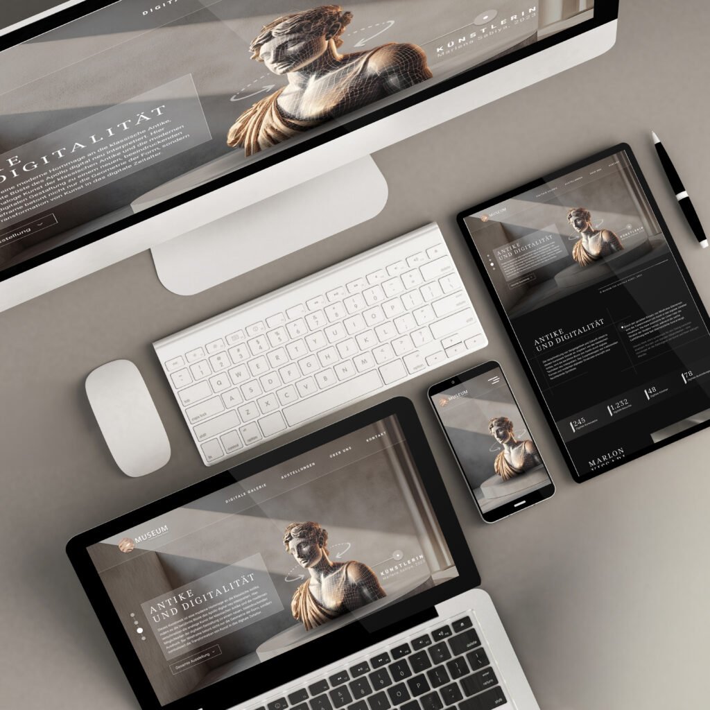 Responsive Webdesign des Museums für digitale Kunst – Website mit klassischer Skulptur auf Desktop, Tablet und Smartphone dargestellt.