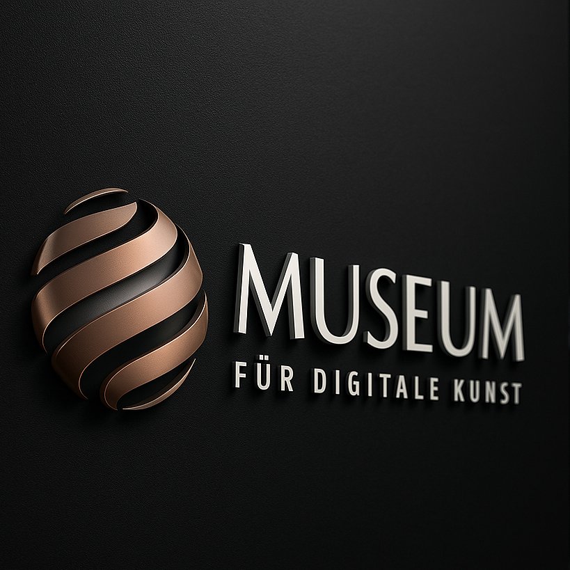 3D-Logo mit kupferfarbenem Kugel-Element und Schriftzug „MUSEUM FÜR DIGITALE KUNST“ auf schwarzem Hintergrund – repräsentativ für ein digitales Kunstmuseum.