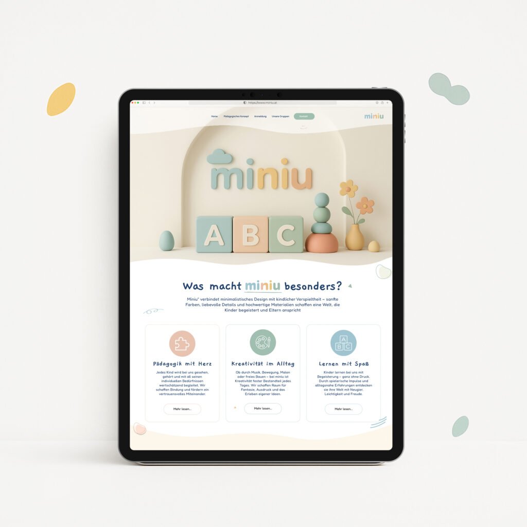 Miniu | Kiga | Kindergarten | Branding | Webdesign Startseite Was macht miniu besonders? Pädagogik mit Herz, Kreativität im Alltag und Lernen mit Spaß.