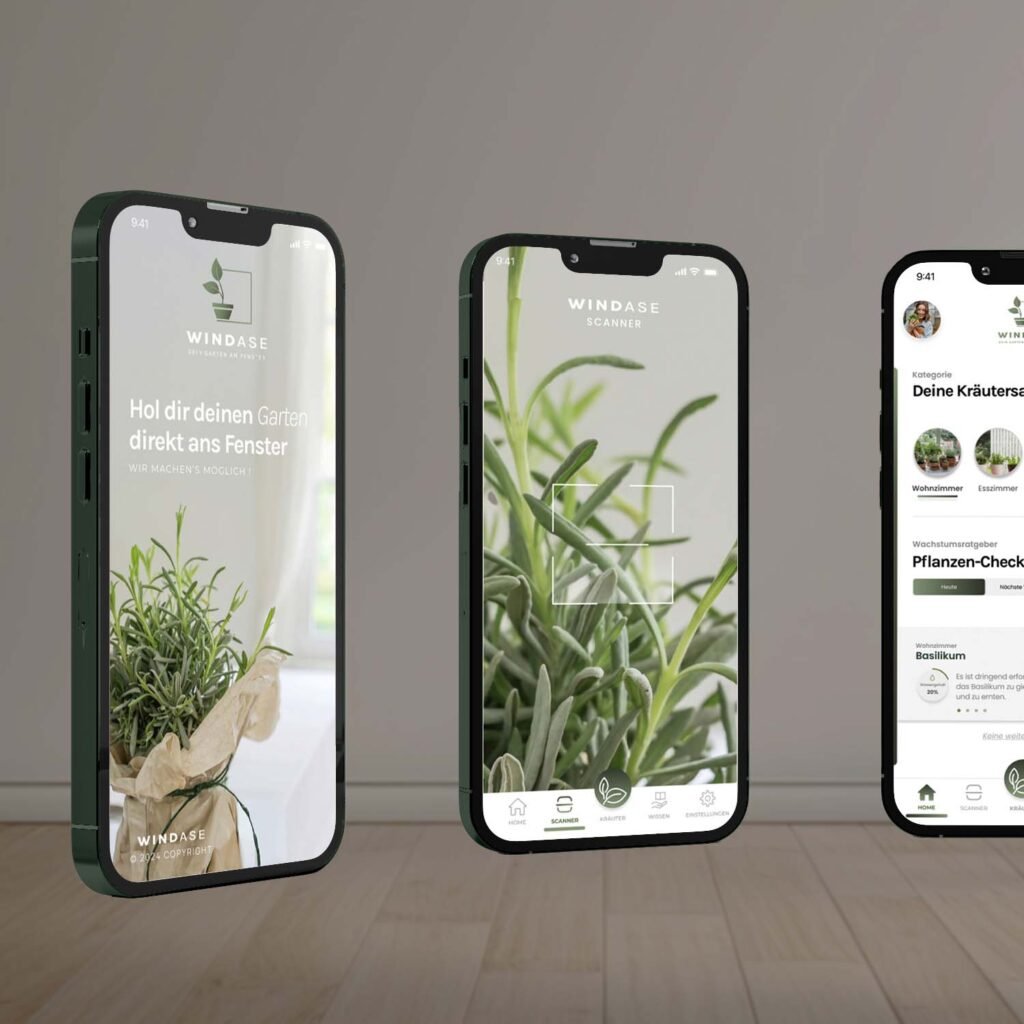 Drei Smartphones mit Windase-App, zeigen Startscreen, Detailansicht & Funktionen – Indoor-Gardening Interface im modernen Design