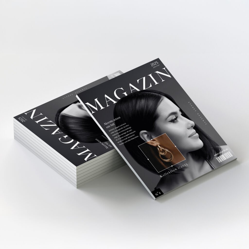 Zwei gestapelte Magazine in Schwarzweiß mit Porträt auf dem Cover und Schmuckmotiv – Editorial Design in monochromer Gestaltung