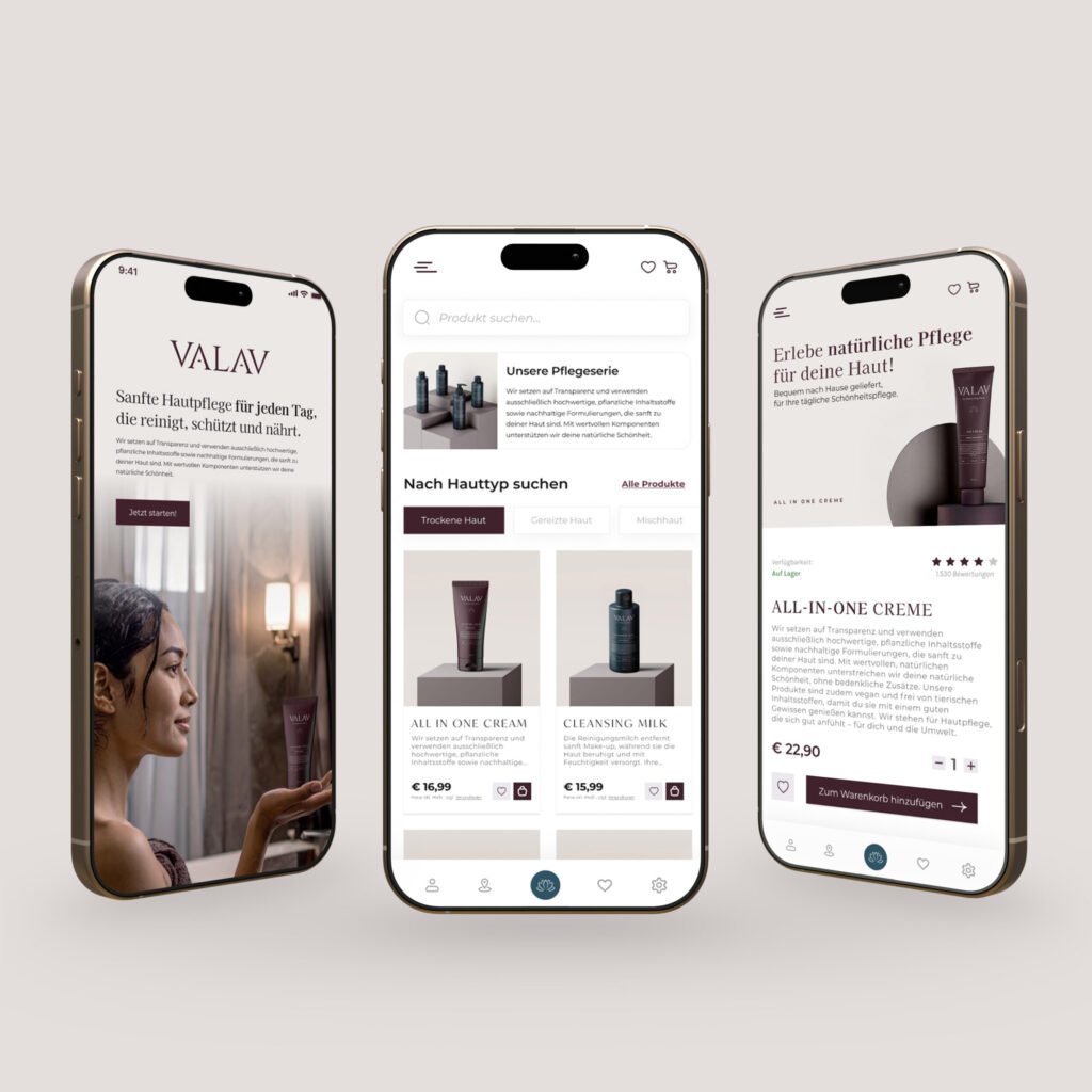 VALAV Appdesign UX/UI, drei Screens