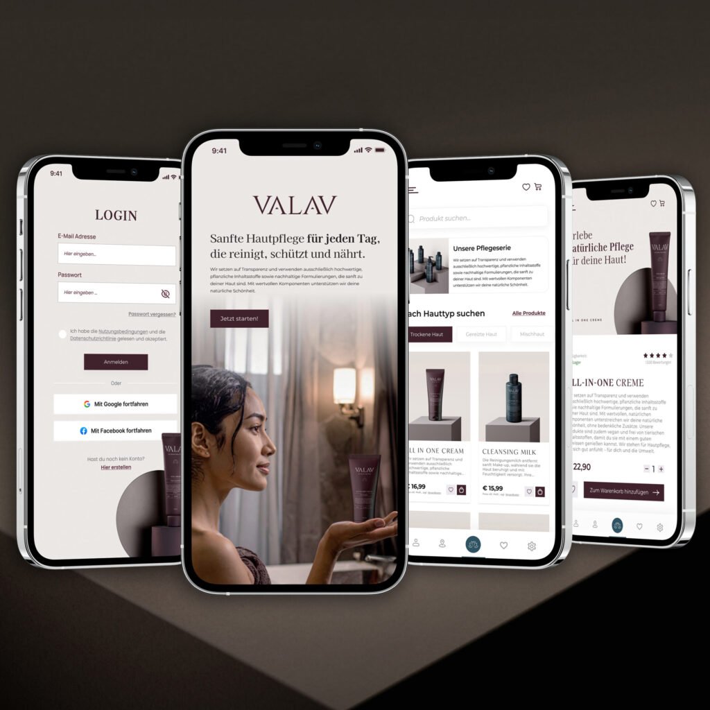 Smartphones mit VALAV Appdesign zeigen Startseite, Produktsuche und Produktdetailseite im modernen Kosmetikshop-Layout