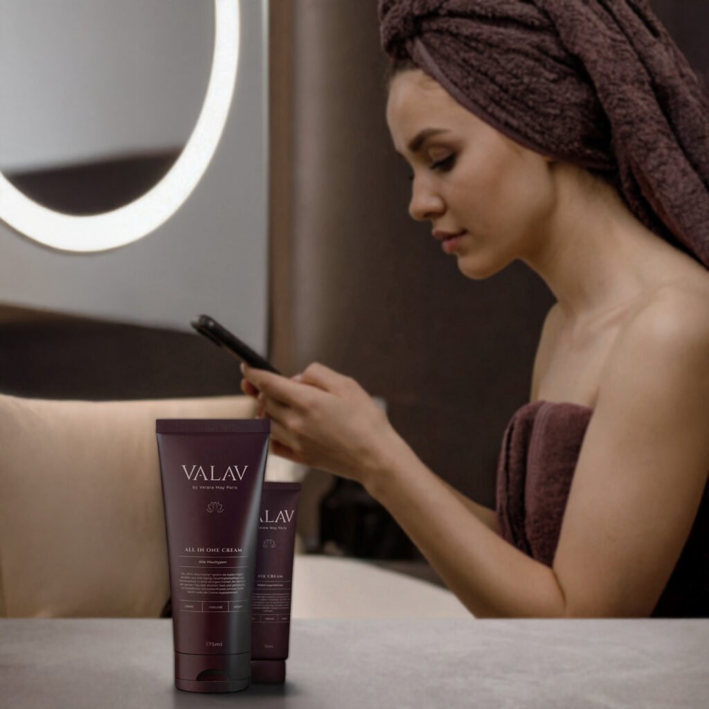 Junge Frau im Handtuch sitzt in einem modernen Badezimmer, betrachtet ihr Smartphone, während zwei Tuben VALAV All in One Cream auf dem Tisch stehen.