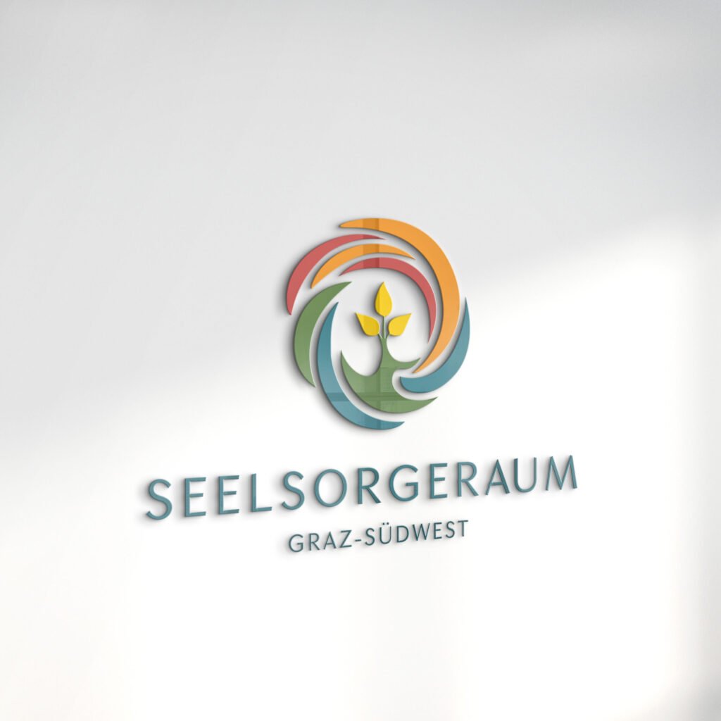 Dreidimensionale Darstellung des Logos Seelsorgeraum Graz-Südwest mit Schriftzug auf heller Wand.