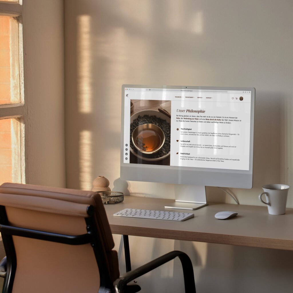 Desktop-Computer mit Website einer Teemarke, die die Unternehmensphilosophie zu Nachhaltigkeit, Lebensfreude und Natürlichkeit zeigt.