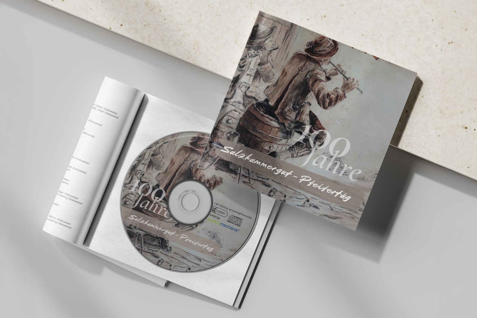 Booklet und CD zum 100-jährigen Pfeifertag mit Illustration von zwei Musikanten auf hellem Hintergrund