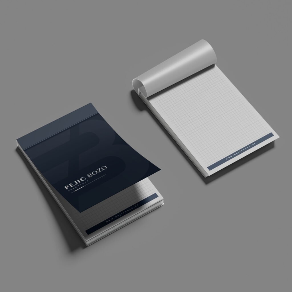 Notizblock mit Firmenlogo Pejic Bozo Spachtler – modernes, minimalistisches Design in Dunkelblau und Grau