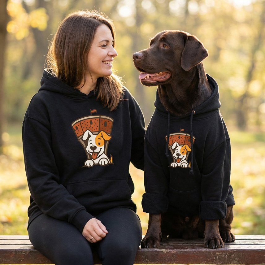Frau und Hund im Partnerlook mit schwarzem Hoodie und Hunde-Motiv, modernes Merchandise Design von teyape.design