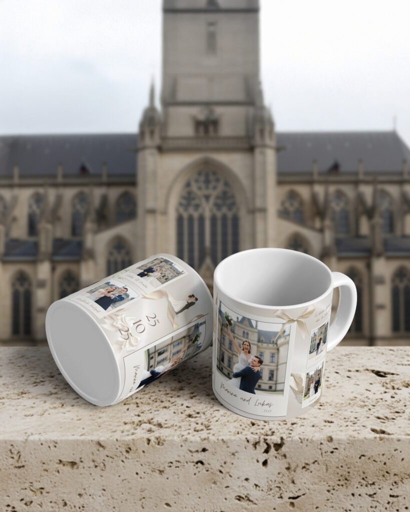 Personalisierte Fototassen als Hochzeitsgeschenk mit Kirchenmotiv – gestaltet in Graz