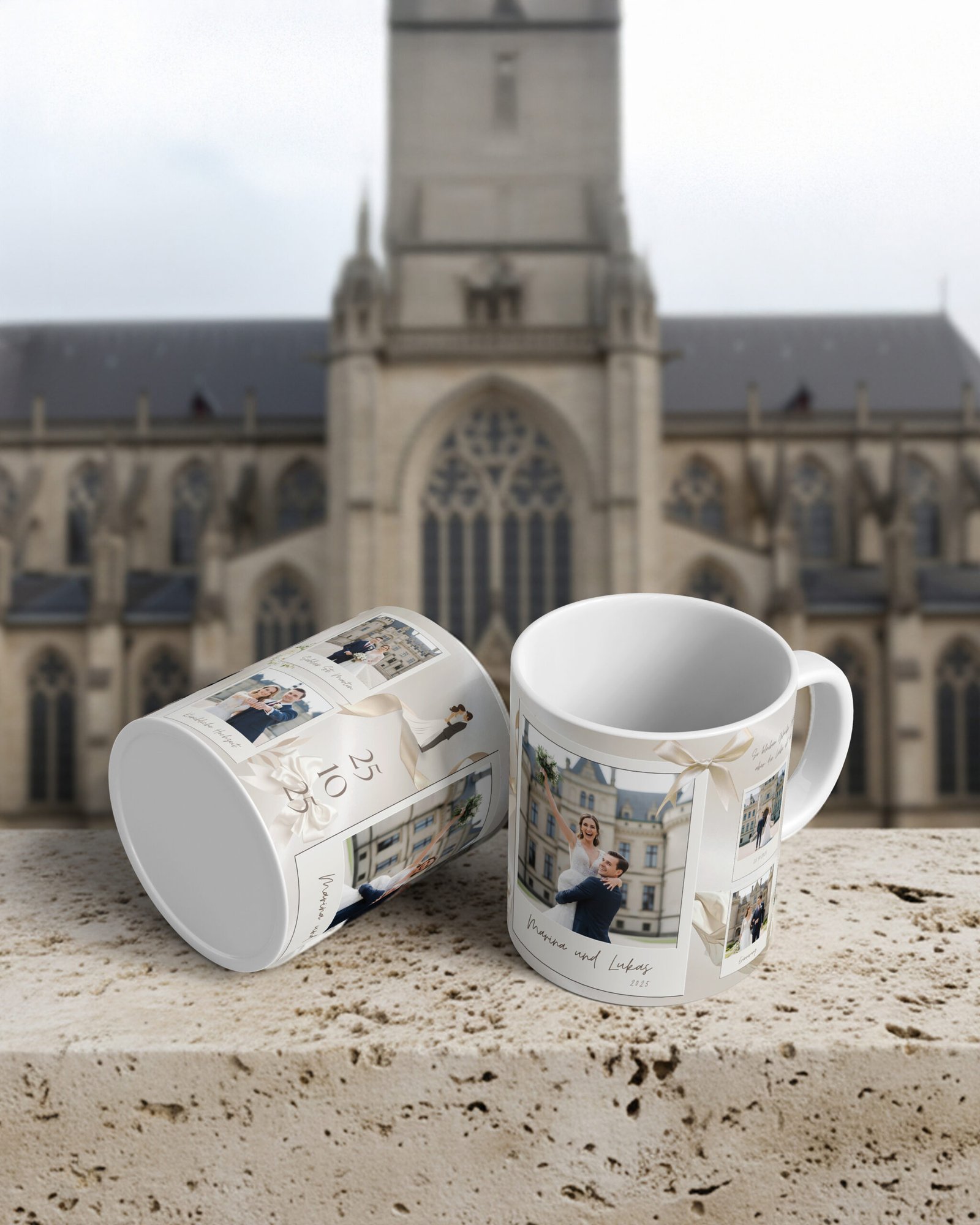 Personalisierte Fototassen als Hochzeitsgeschenk mit Kirchenmotiv – gestaltet in Graz