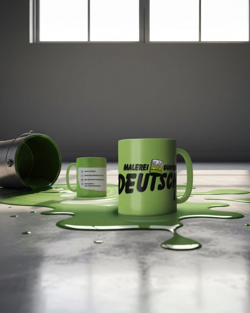 Gebrandete Kaffeetassen mit grünem Design als Kundengeschenk für einen Malerbetrieb Günther Deutsch