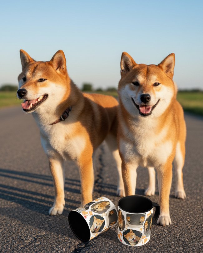 Personalisierte Fototassen mit Motiven von zwei Shiba Inu als individuelle Kundenbestellung – gestaltet in Graz