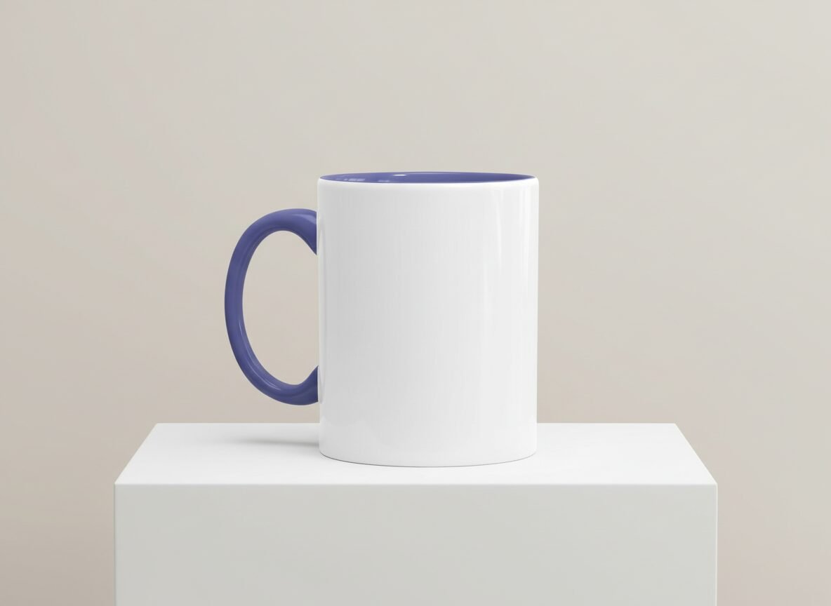 Weiße Keramiktasse mit Cambridge Blauem Henkel und Cambridge Blauem Innenrand auf weißem Podest vor neutralem Hintergrund