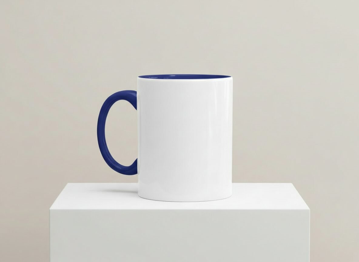 Weiße Keramiktasse mit dunkelblauem Henkel und dunkelblauem Innenrand auf weißem Podest vor neutralem Hintergrund