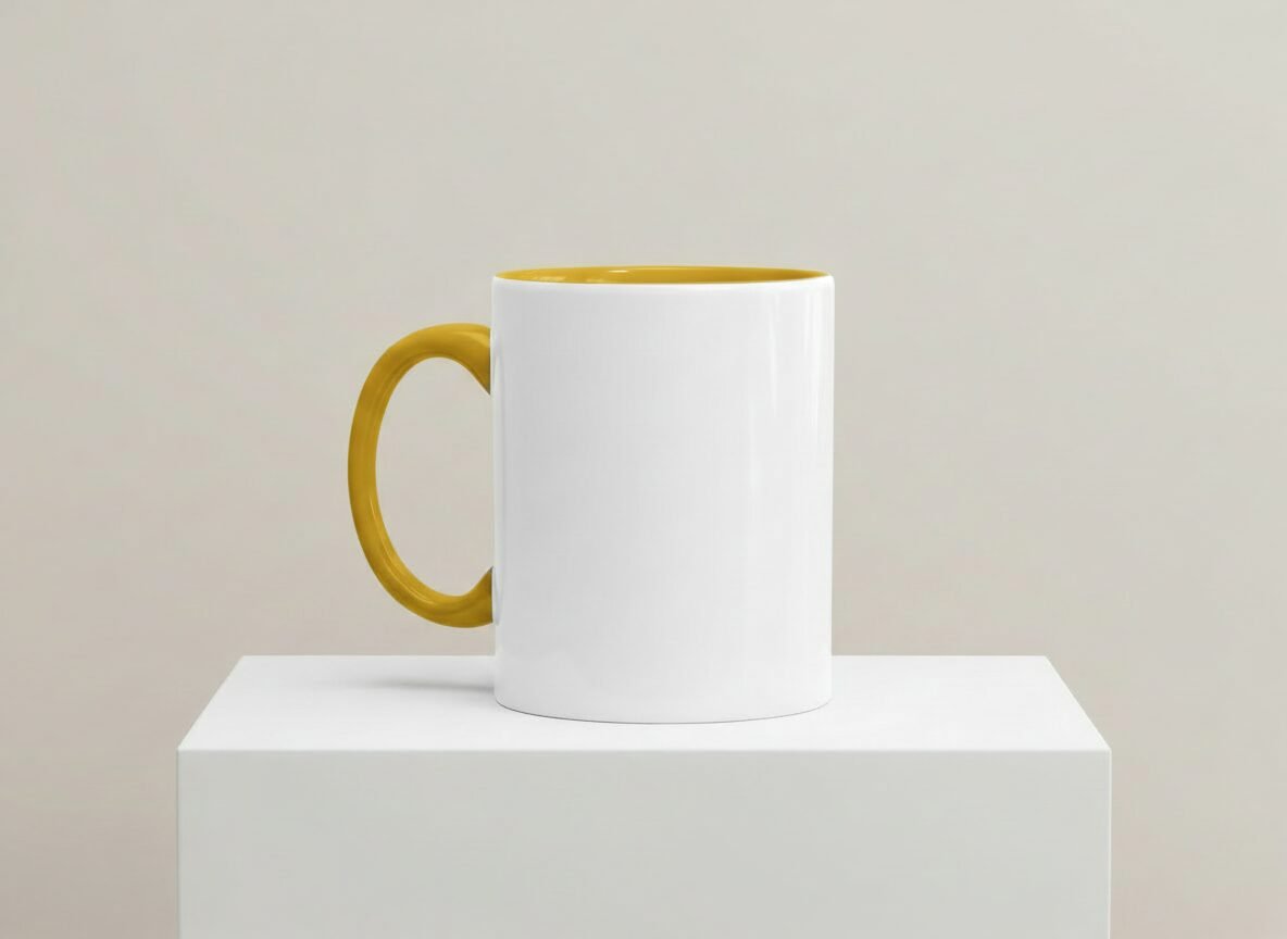 Weiße Keramiktasse mit gelbem Henkel und gelbem Innenrand auf weißem Podest vor neutralem Hintergrund