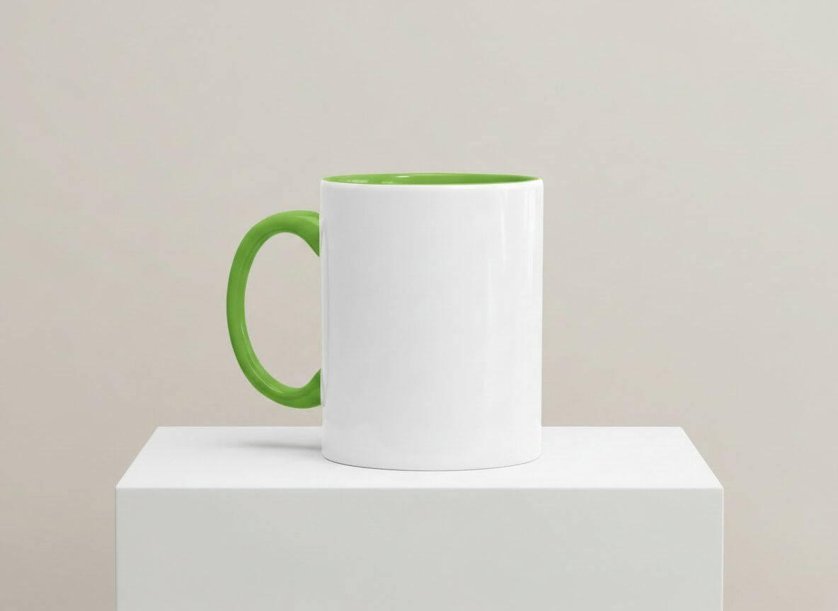 Weiße Keramiktasse mit grünem Henkel und grünem Innenrand auf weißem Podest vor neutralem Hintergrund