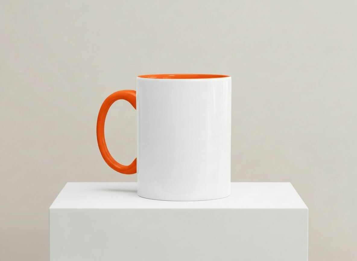 Weiße Keramiktasse mit orangem Henkel und orangem Innenrand auf weißem Podest vor neutralem Hintergrund