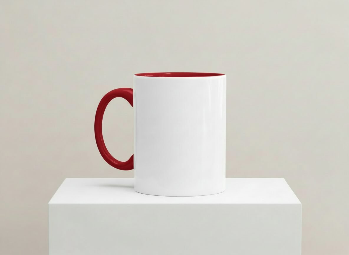 Weiße Keramiktasse mit rotem Henkel und rotem Innenrand auf weißem Podest vor neutralem Hintergrund