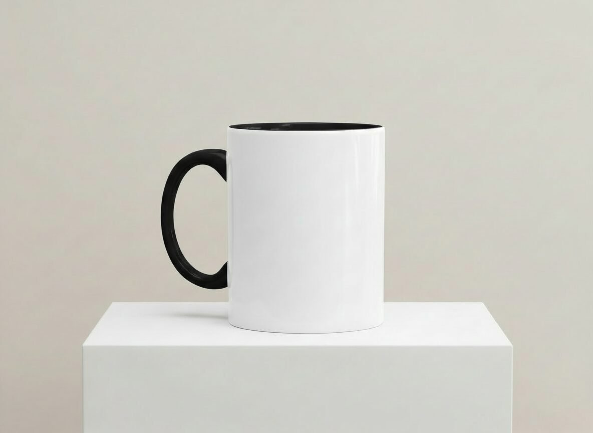 Weiße Keramiktasse mit schwarzem Henkel und schwarzem Innenrand auf weißem Podest vor neutralem Hintergrund