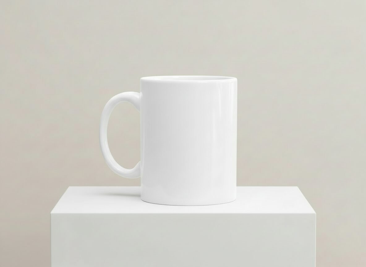 Weiße Keramiktasse auf weißem Podest vor neutralem Hintergrund