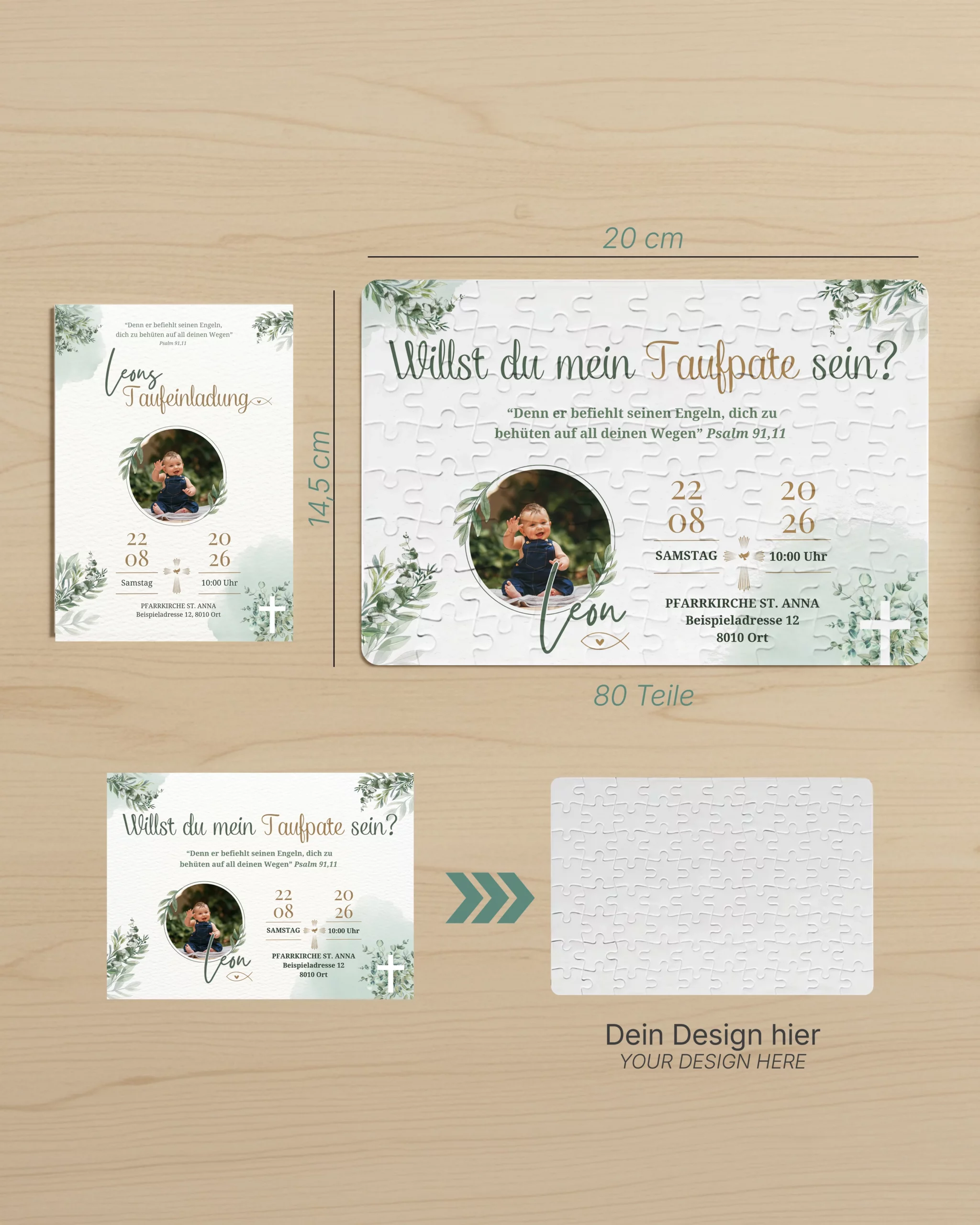 Personalisiertes Puzzle als Einladung zur Firmung mit Foto, blauem Design und individuellem Text, gestaltet von der Werbeagentur teyape.design in Graz.