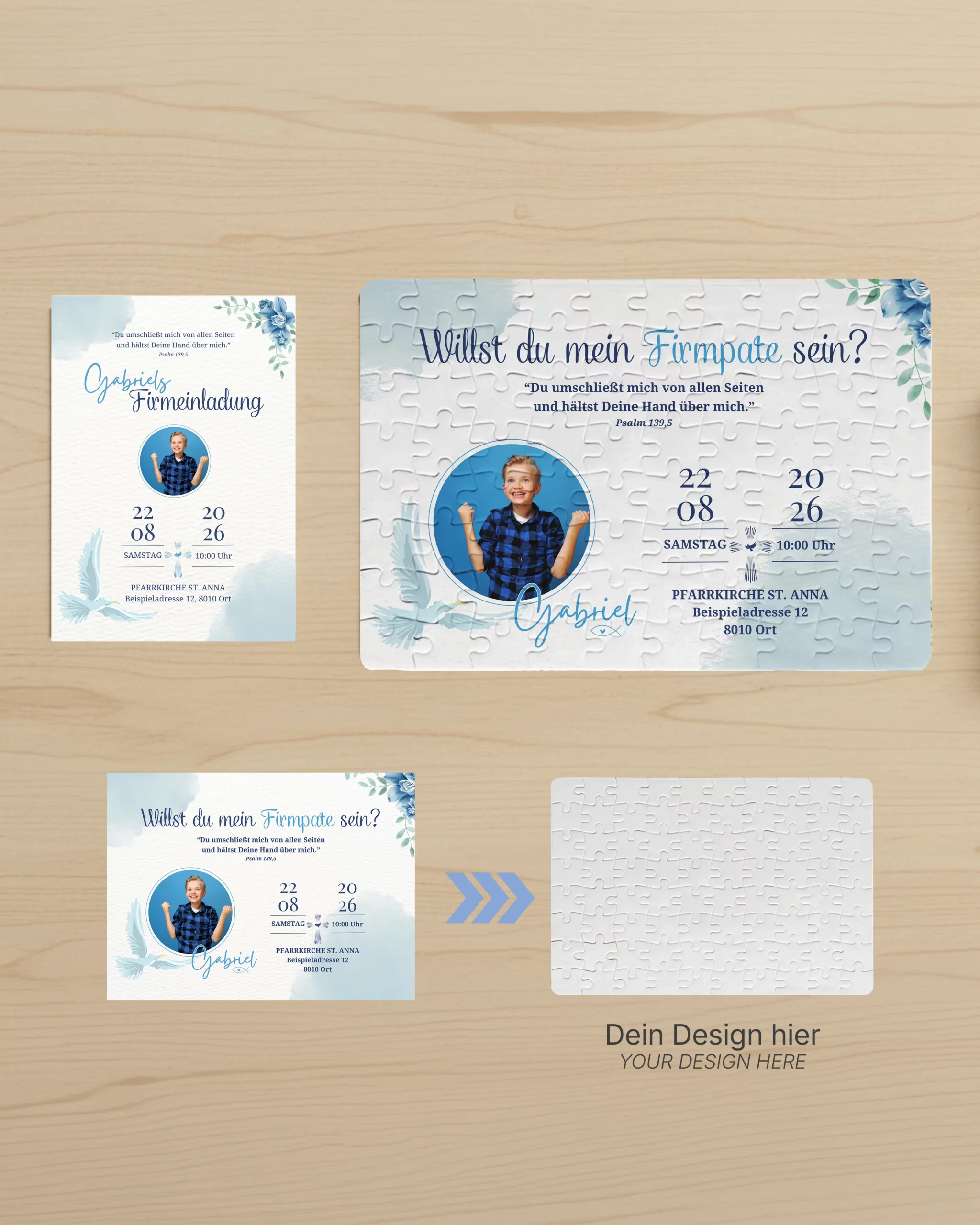 Personalisiertes Puzzle als Einladung zur Firmung mit Foto, blauem Design und individuellem Text, gestaltet von der Werbeagentur teyape.design in Graz.