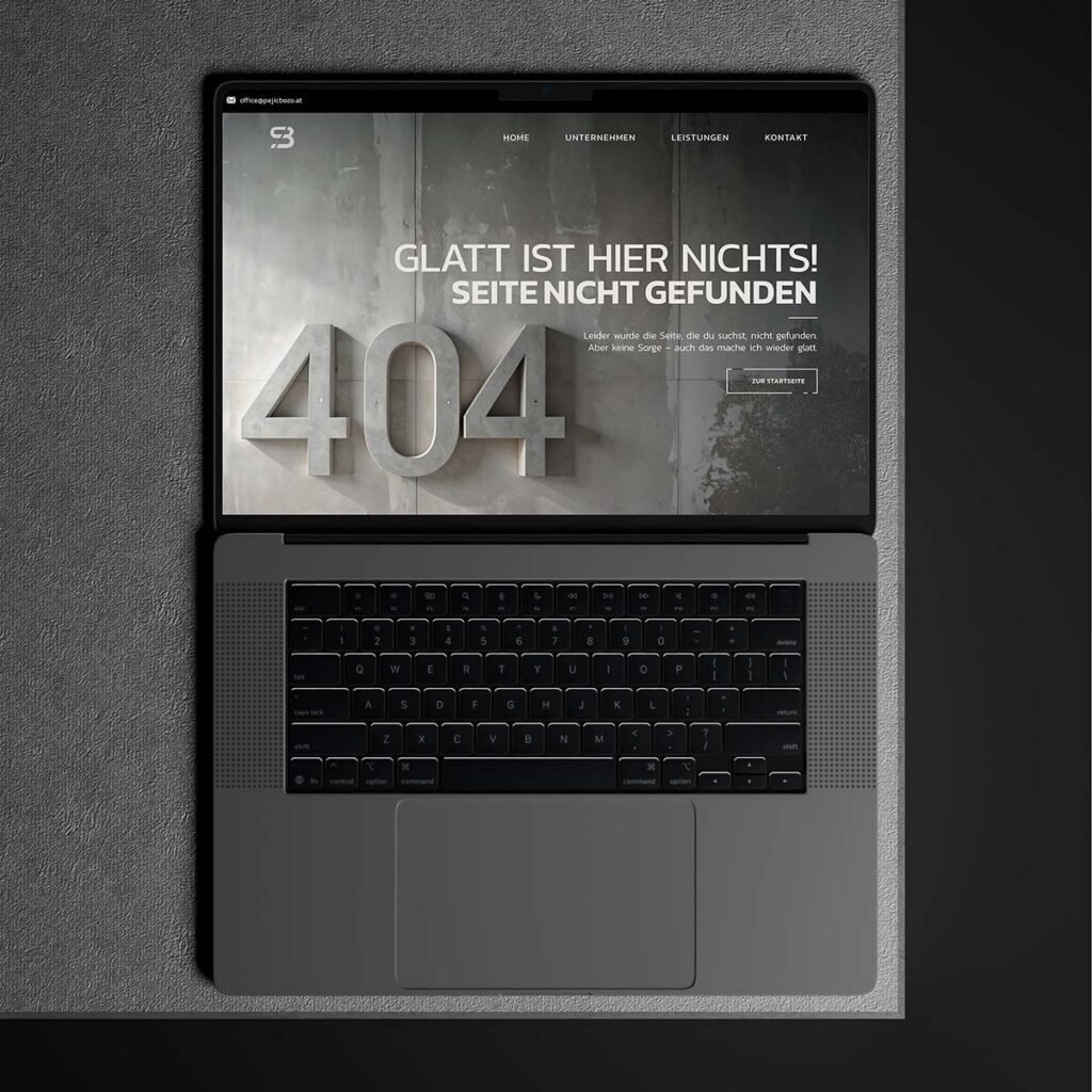 Laptop zeigt die 404-Fehlerseite von Pejic Bozo Spachtler mit Betonhintergrund und großer 3D-Zahl 404 – Symbol für Qualität und modernes Webdesign des Unternehmens aus Graz.